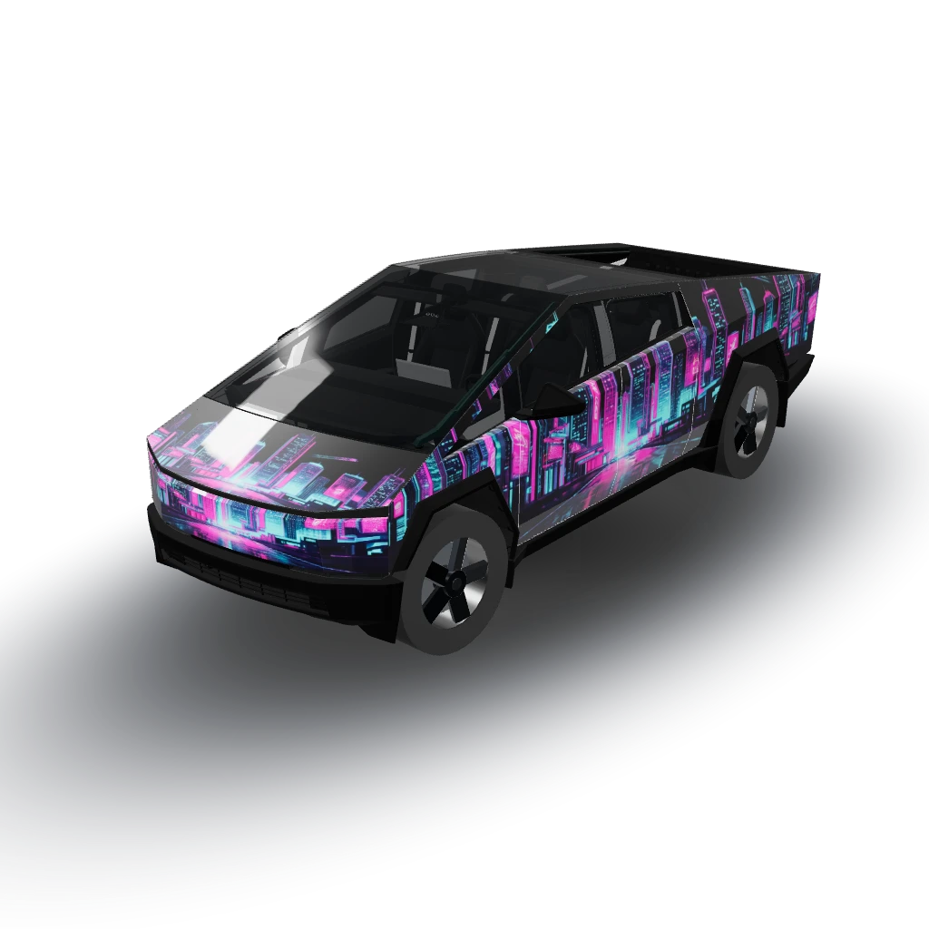 Neon cyberpunk city skyline at night, hot — a Cybertruck wearing this AI wrap design