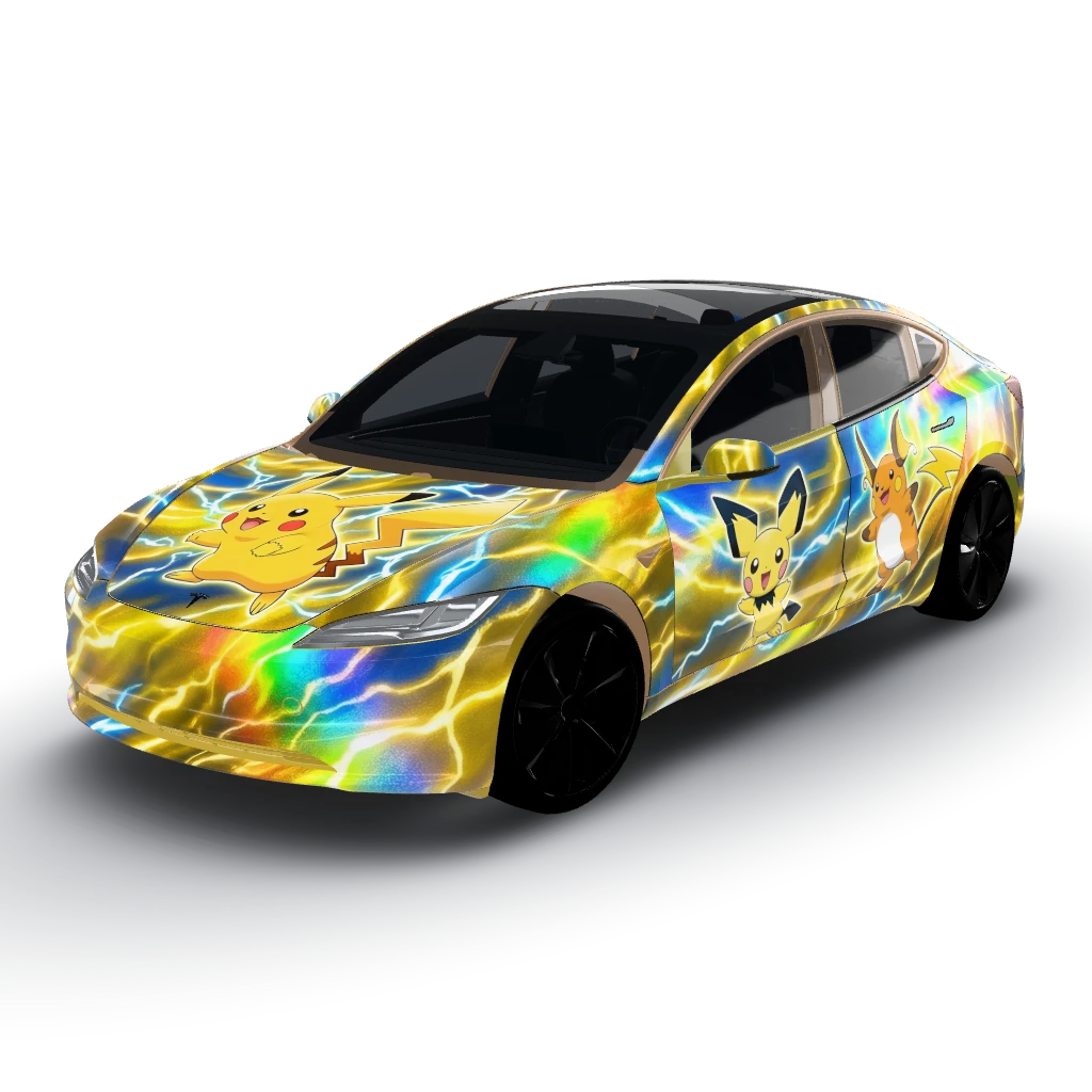 Pokemon Pikachu electric yellow — a Model 3 (2024+) Standard & Premium wearing this AI wrap design
