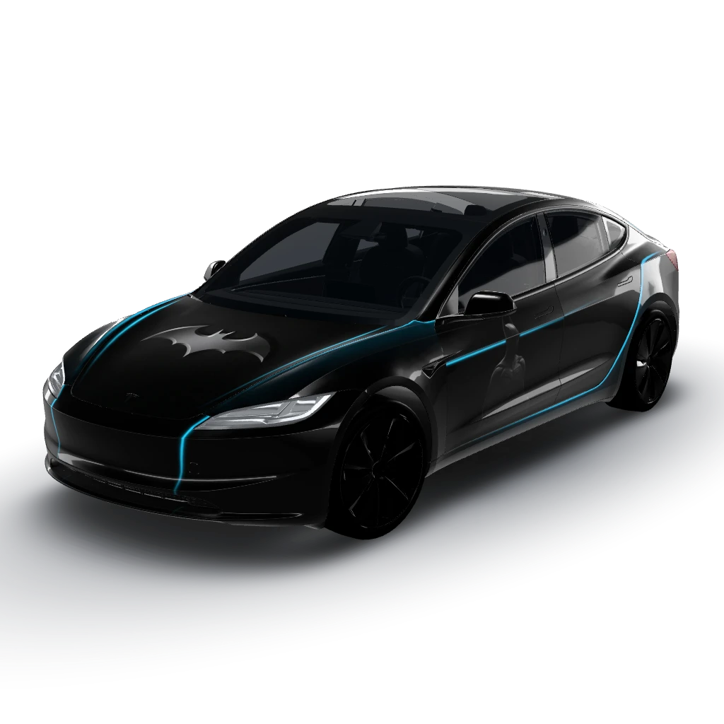 Hyper-minimalist stealth Batman digital car — a Model 3 (2024+) Standard & Premium wearing this AI wrap design