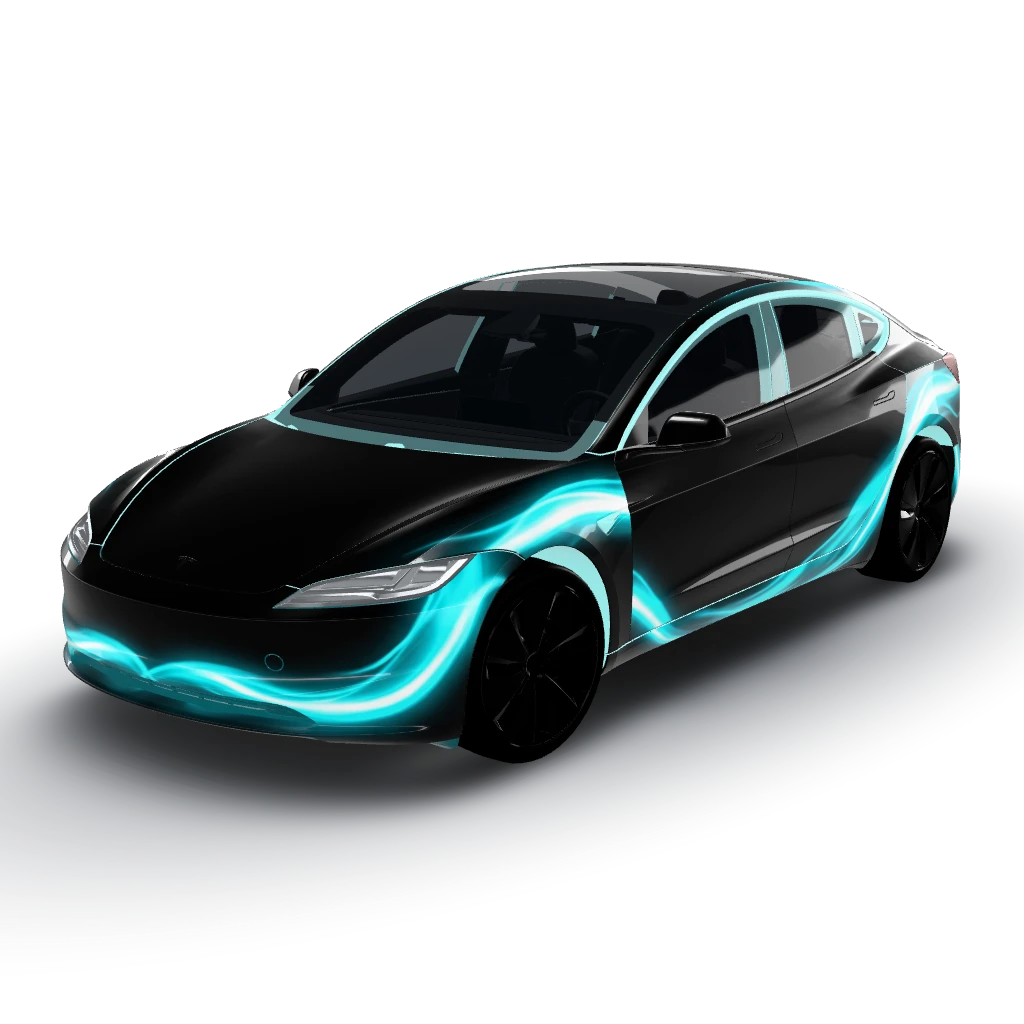 Deep obsidian pitch-black gloss background — a Model 3 (2024+) Standard & Premium wearing this AI wrap design