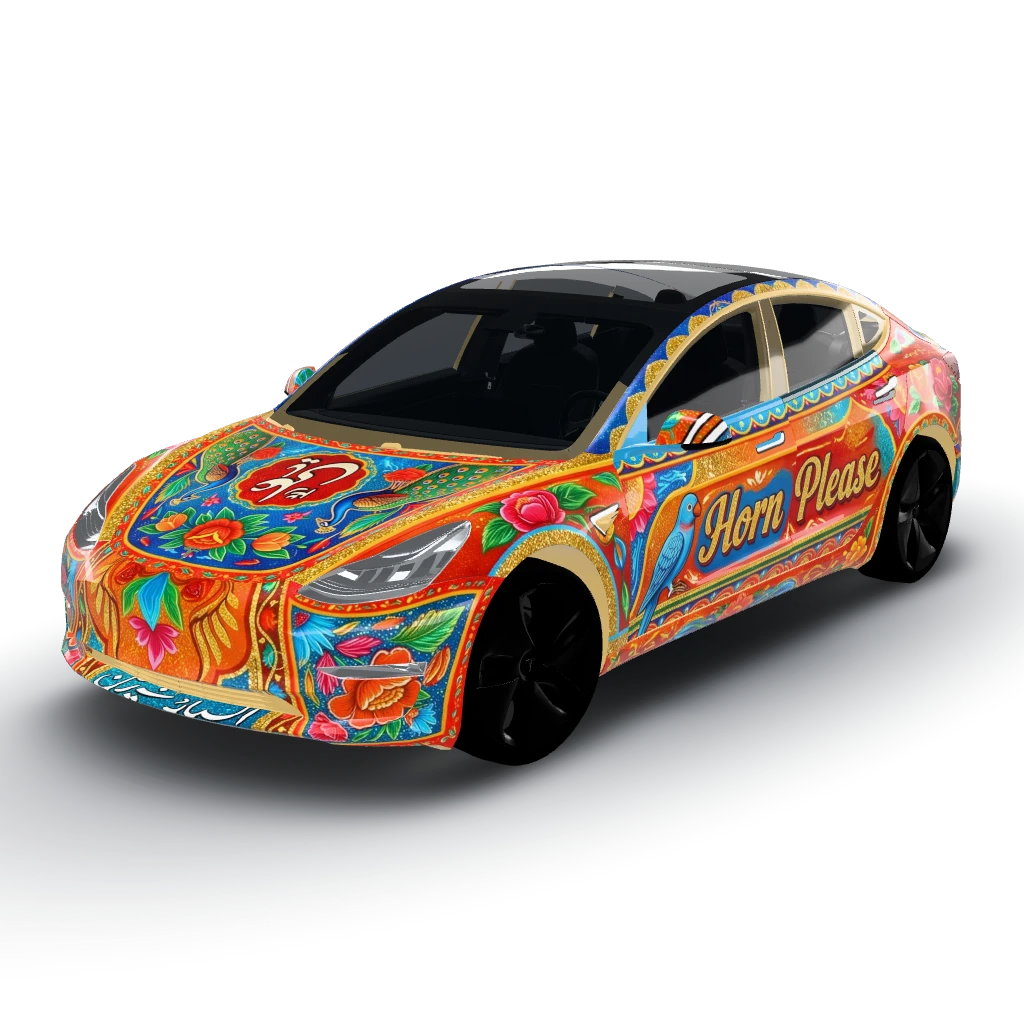 Pakistani truck arr — a Model 3 wearing this AI wrap design
