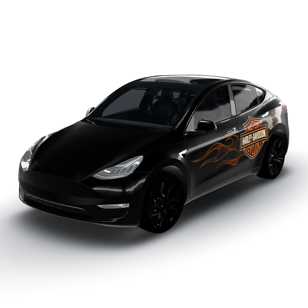 We will keep the trunk gloss black without — a Model Y wearing this AI wrap design
