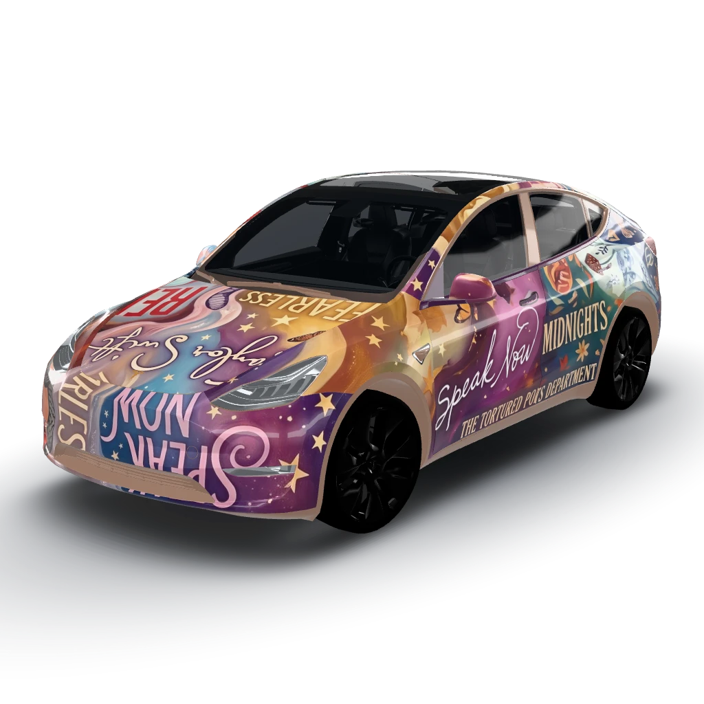 Seamless flow of elements and titles — a Model Y wearing this AI wrap design