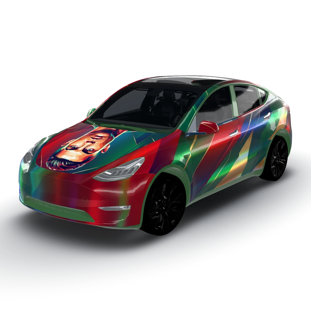 Ronaldo's head centered on the hood — a Model Y wearing this AI wrap design