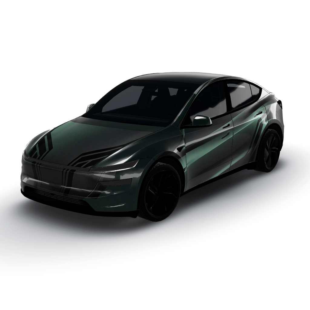 Features a deep satin metallic graphite — a Model Y (2025+) Premium wearing this AI wrap design