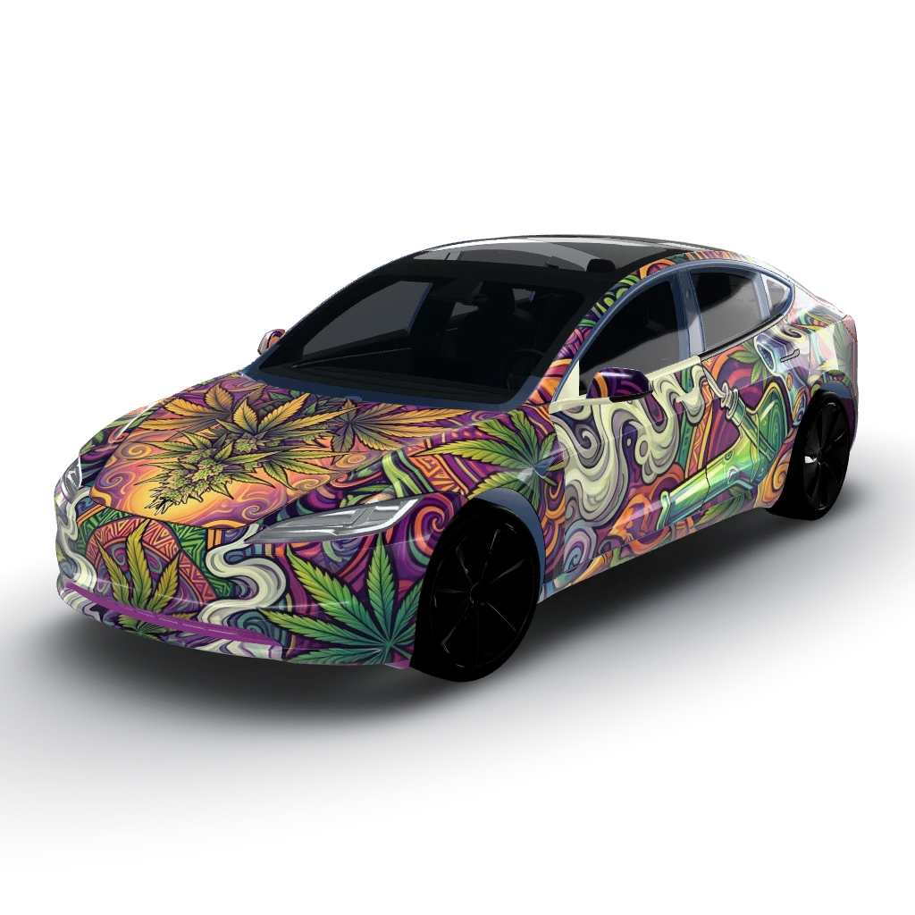 Marijuana one — a Model 3 (2024+) Standard & Premium wearing this AI wrap design