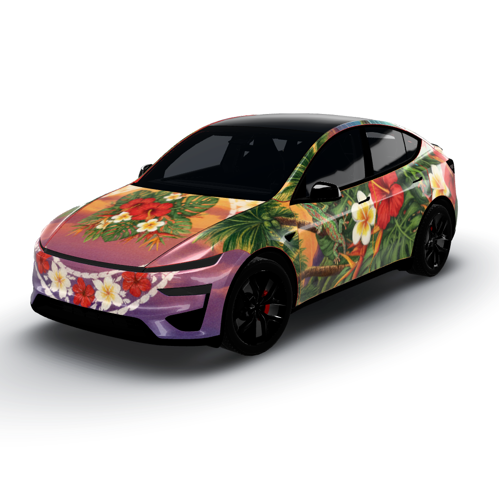 Beautiful Hawaiian theme with several — a Model Y (2025+) Performance wearing this AI wrap design