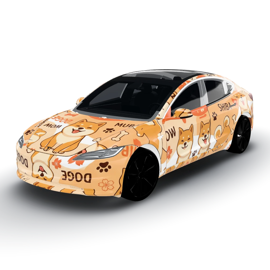 Shiba Inu wrap — a Model 3 (2024+) Standard & Premium wearing this AI wrap design
