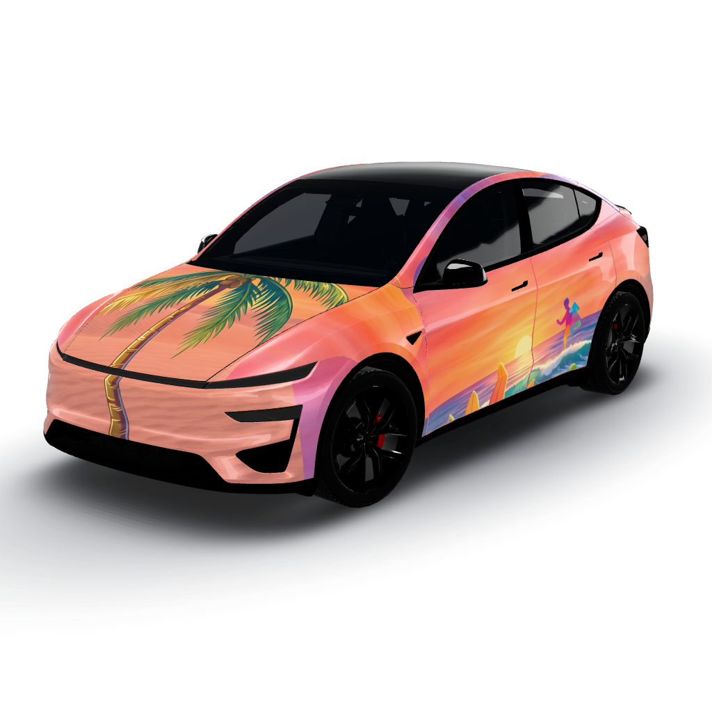 City Sarasota features a vibrant sunset — a Model Y (2025+) Performance wearing this AI wrap design