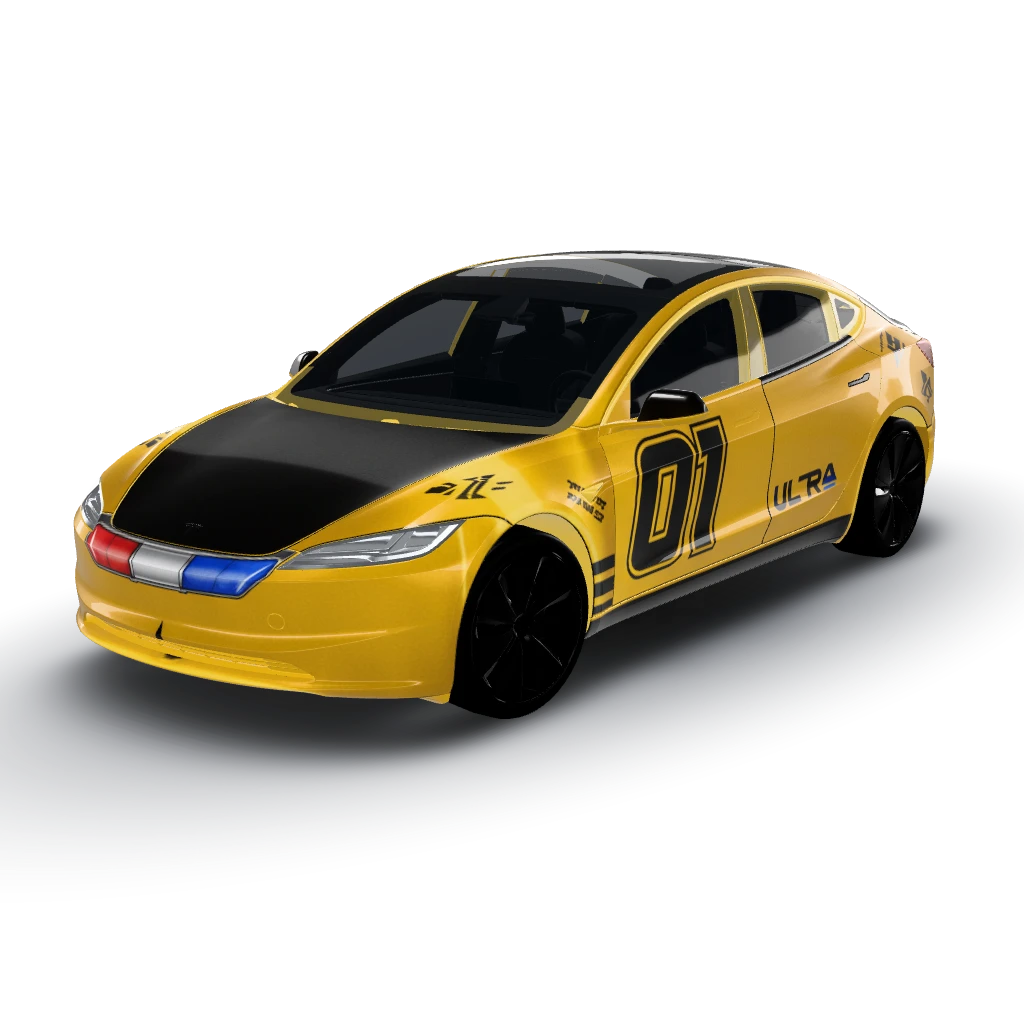 Tesla New Model3 wrap livery, bright glossy — a Model 3 (2024+) Standard & Premium wearing this AI wrap design