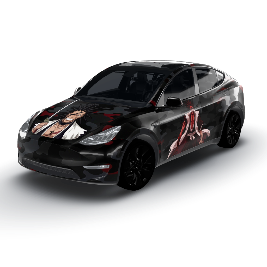 Hood: Kenpachi Zaraki, centered and upright — a Model Y wearing this AI wrap design