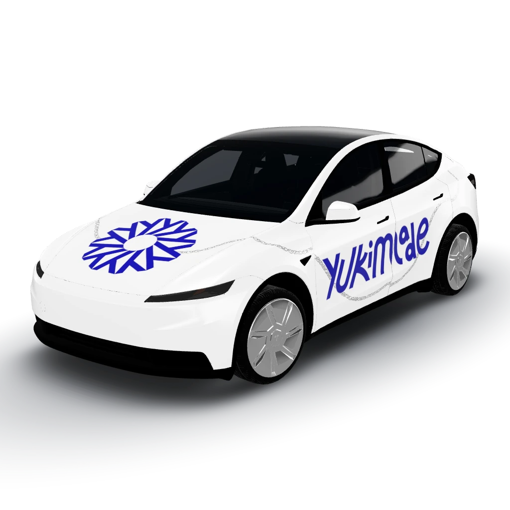 Erstelle mir mit diesen beiden Bildern ein — a Model Y (2025+) Standard wearing this AI wrap design