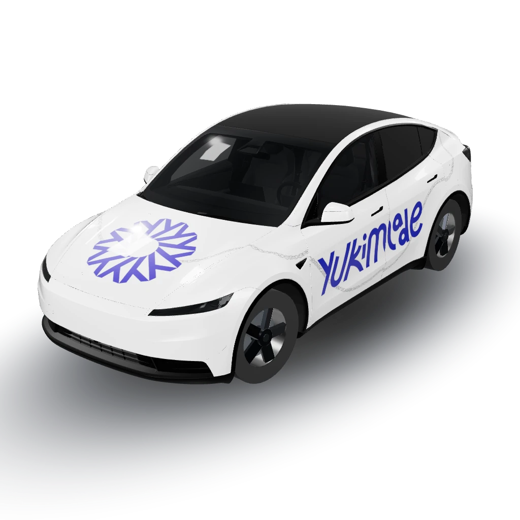 Erstelle mir mit diesen beiden Bildern ein — a Model Y (2025+ Base) wearing this AI wrap design