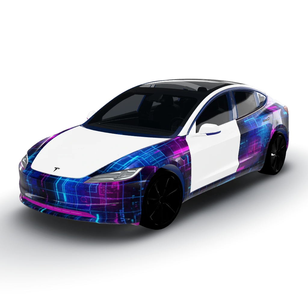 Cyberpunk neon grid on a dark base — a Model 3 (2024+) Standard & Premium wearing this AI wrap design