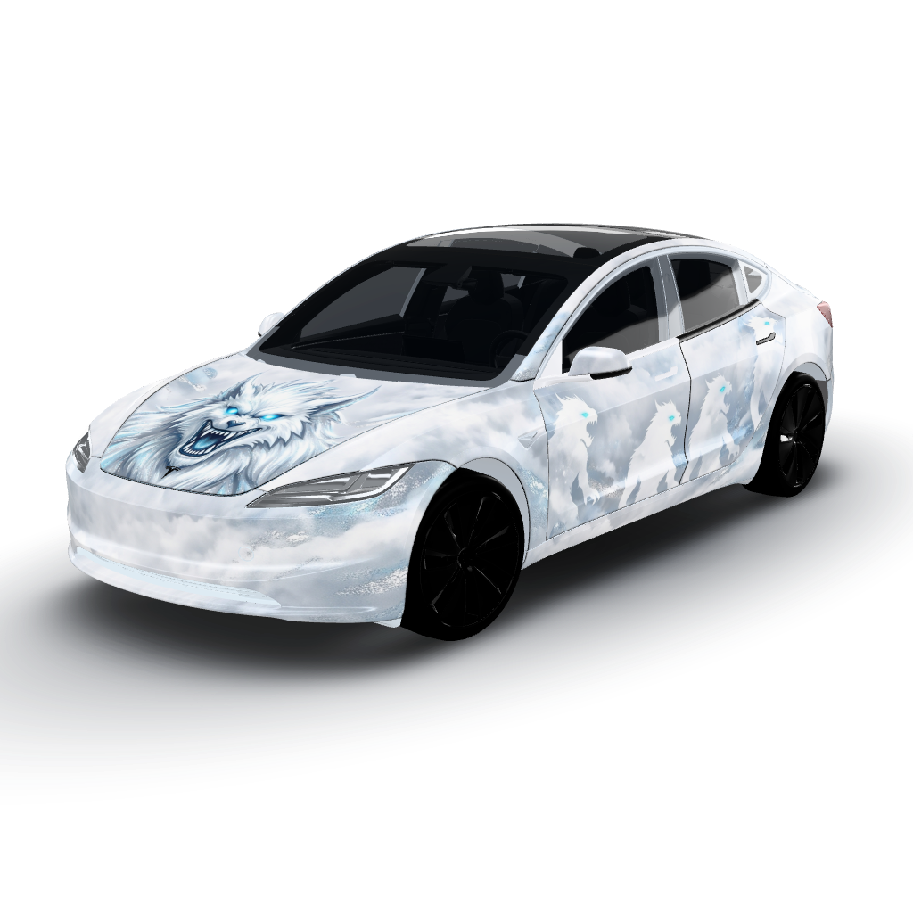 White monster forms the central theme — a Model 3 (2024+) Standard & Premium wearing this AI wrap design