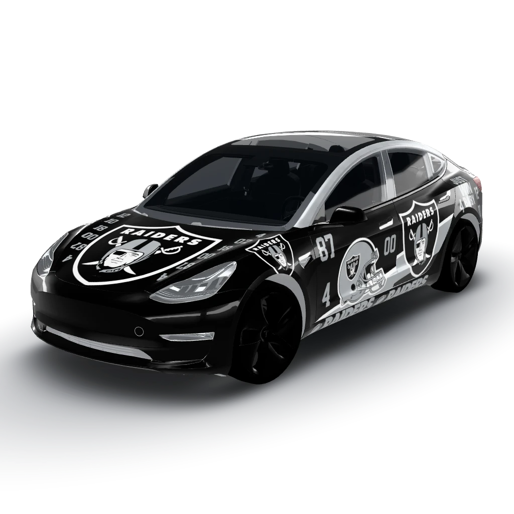 Large centered emblem featuring the Raiders — a Model 3 wearing this AI wrap design