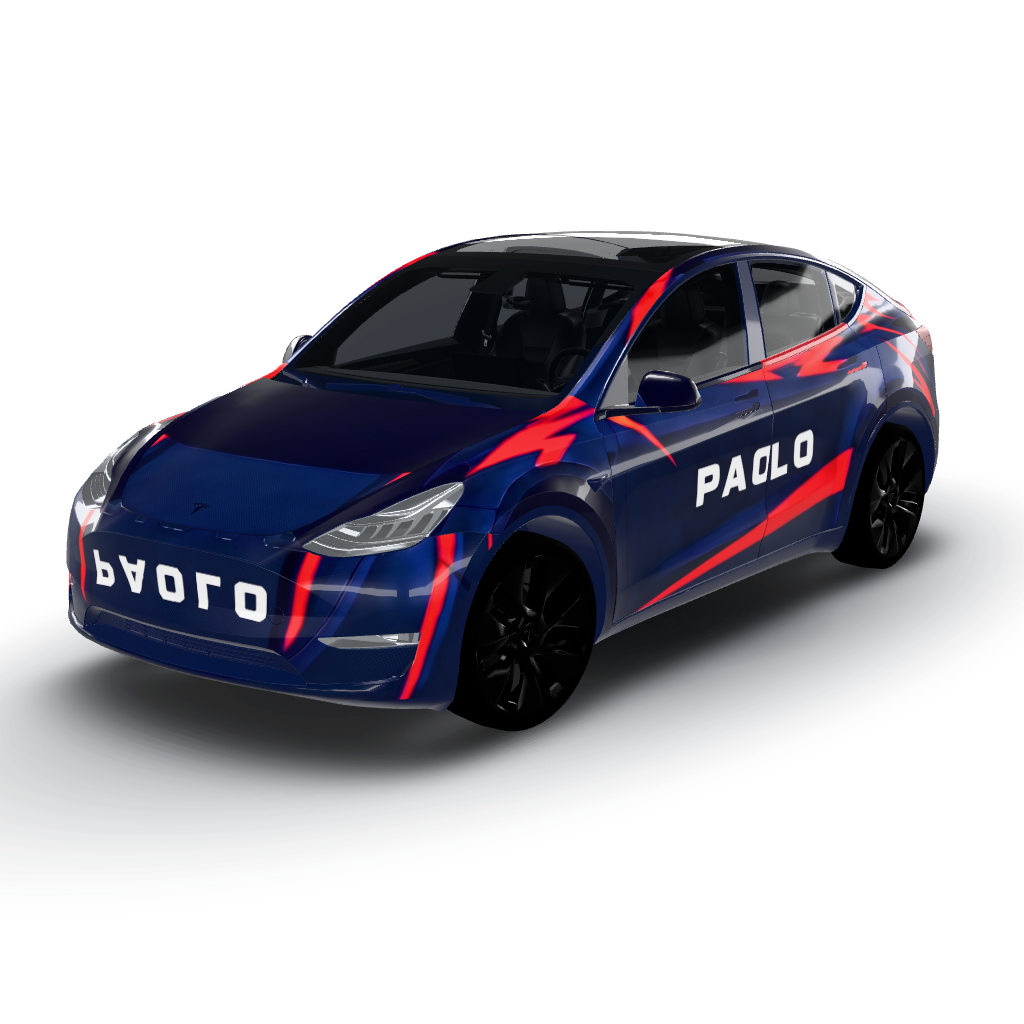 For your Model Y wrap, we’ll use a dark — a Model Y wearing this AI wrap design