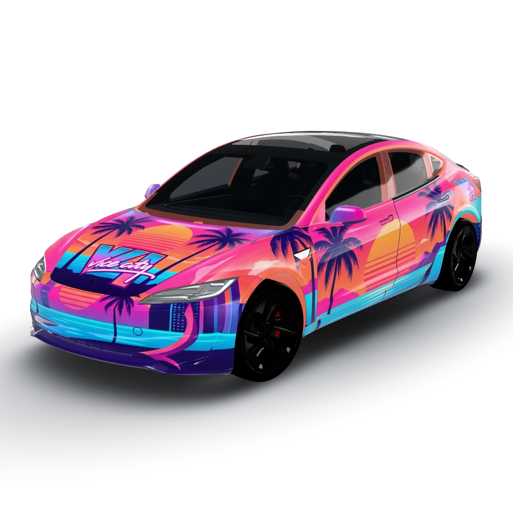 GTA 6 Color theme palette with sleek — a Model 3 (2024+) Performance wearing this AI wrap design