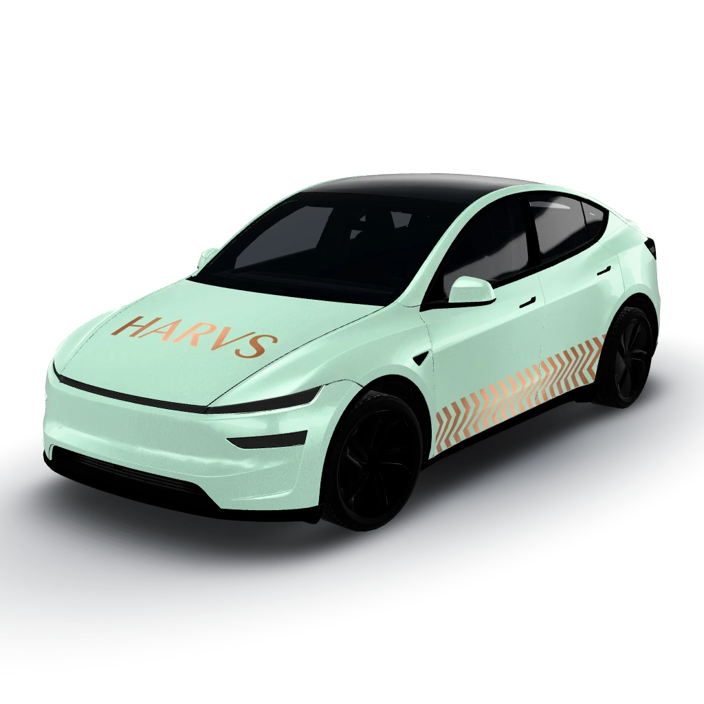 "HARVS" text in metallic copper — a Model Y (2025+) Premium wearing this AI wrap design