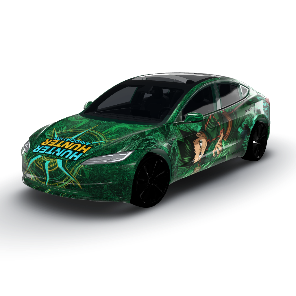 Rich color palette dominated by deep greens — a Model 3 (2024+) Standard & Premium wearing this AI wrap design