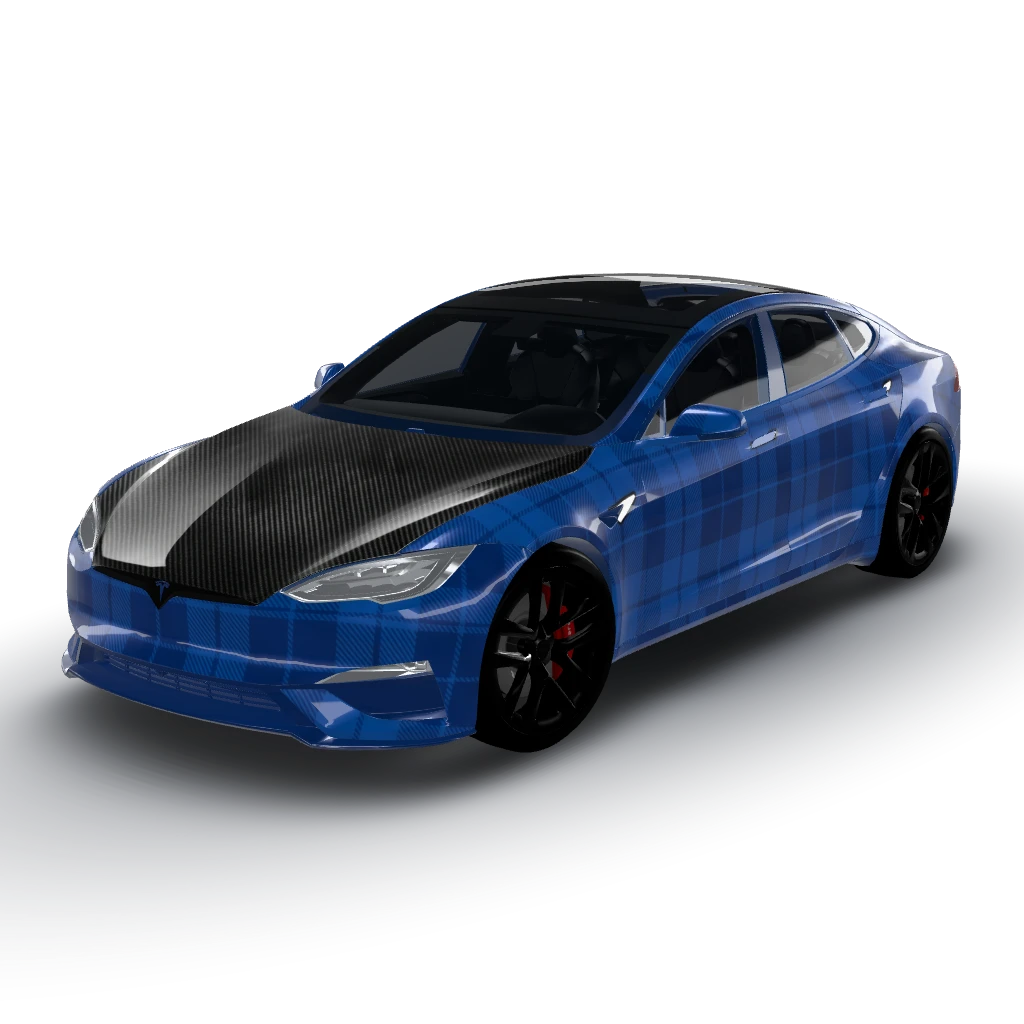 Premium Tesla plaid blue with a vorsteiner — a Model S Plaid (2025+) wearing this AI wrap design