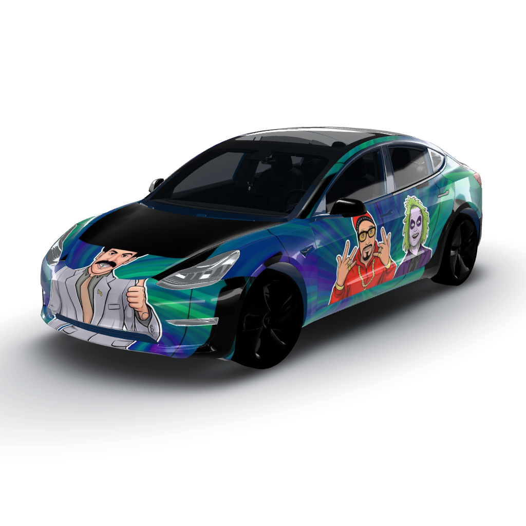 Artwork features a vibrant, multicolored — a Model 3 wearing this AI wrap design