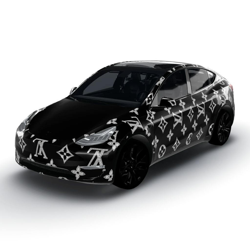 Deep glossy black base — a Model Y wearing this AI wrap design