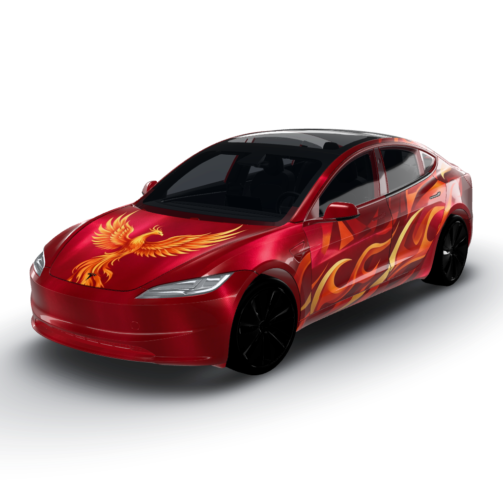 Ruby crystal red metallic finish creates — a Model 3 (2024+) Standard & Premium wearing this AI wrap design