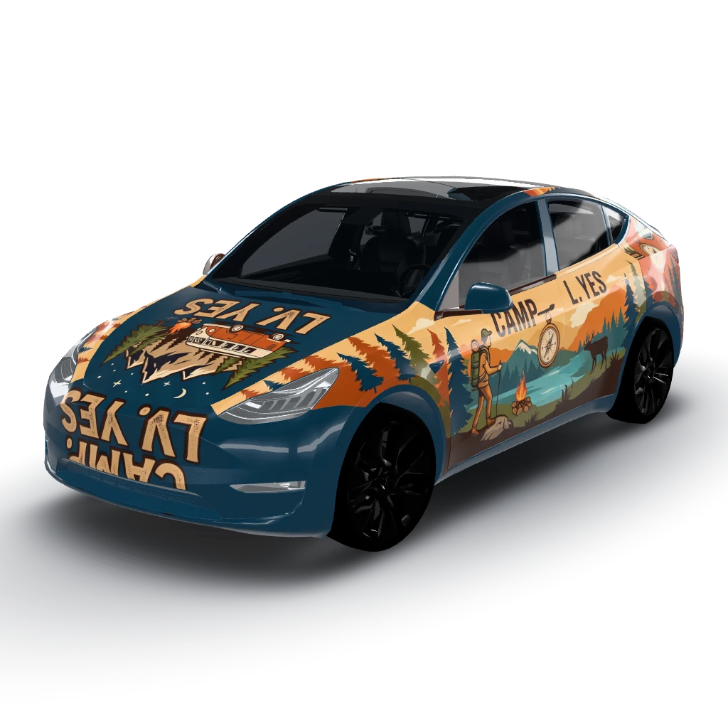 Camp — a Model Y wearing this AI wrap design