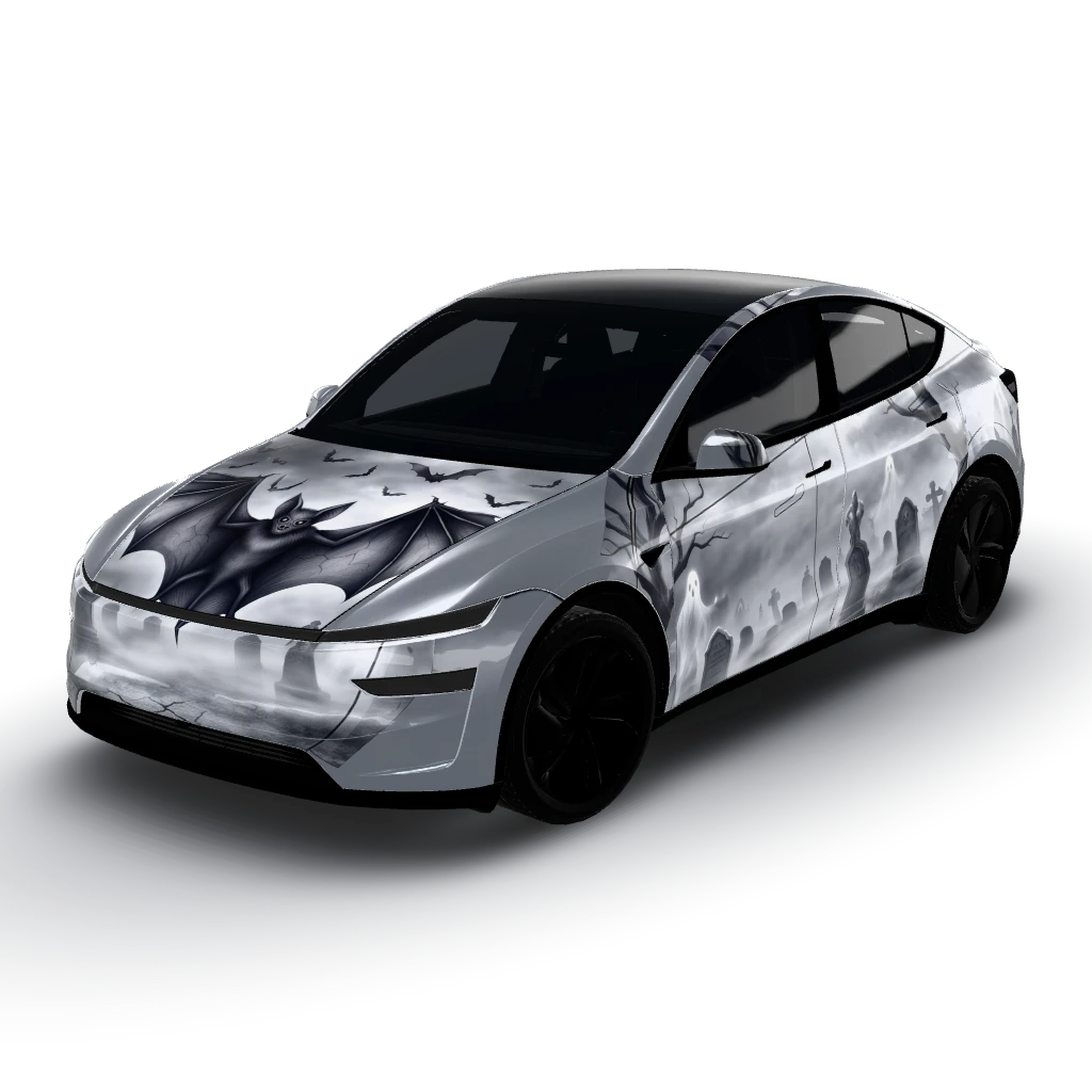 Features a hauntingly atmospheric theme — a Model Y (2025+) Premium wearing this AI wrap design