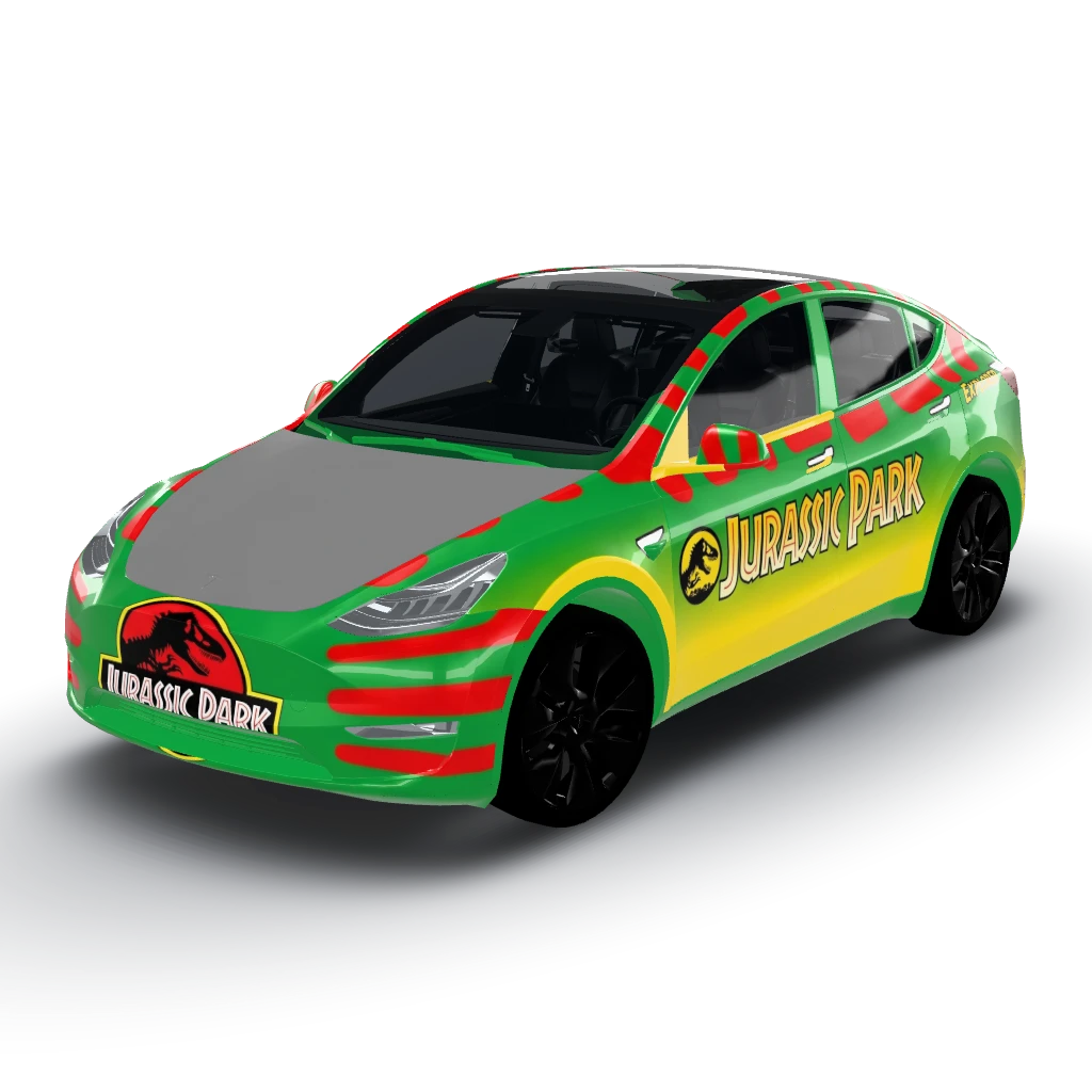Jurrasic park for explorer cars — a Model Y wearing this AI wrap design
