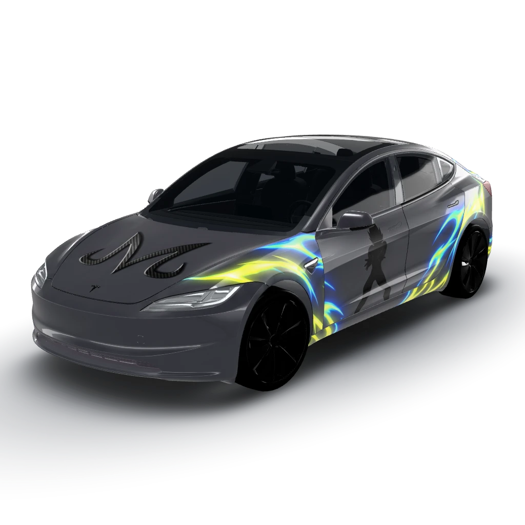 High gloss Tesla Stealth Grey background — a Model 3 (2024+) Standard & Premium wearing this AI wrap design