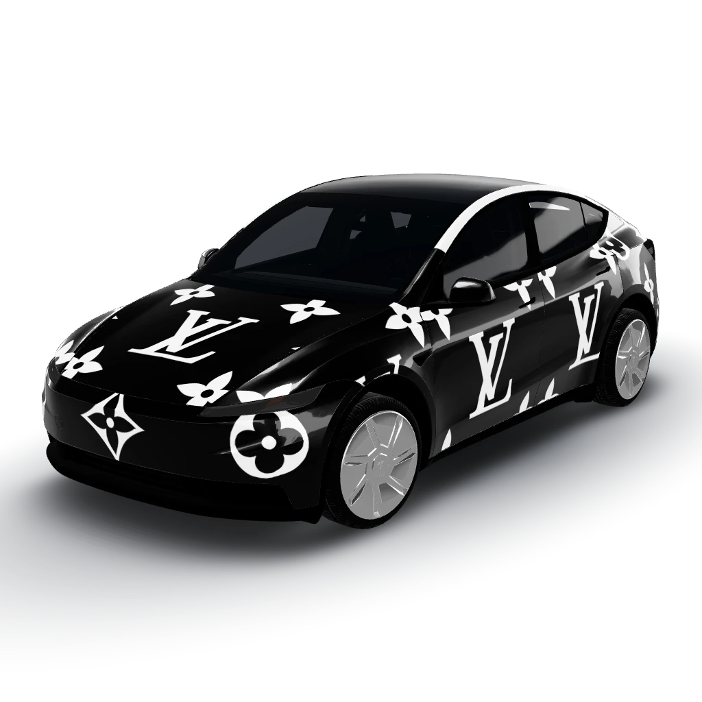 Louis vuitton wrap the base of the car — a Model Y (2025+) Standard wearing this AI wrap design