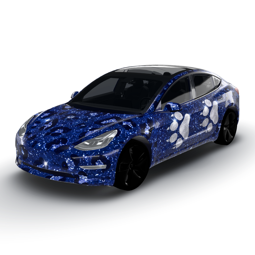 Dark blue glitter cheetah print covers — a Model 3 wearing this AI wrap design