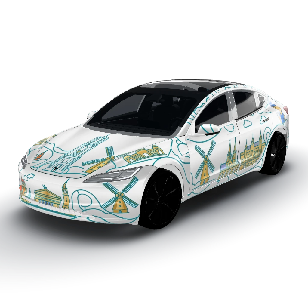 White base color with a vector continuous — a Model 3 (2024+) Standard & Premium wearing this AI wrap design