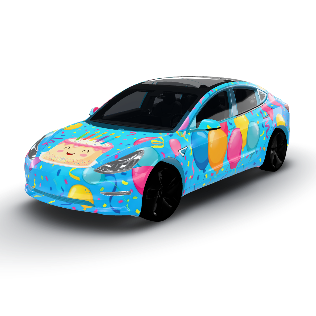 Happy birthday is a vibrant and colorful — a Model 3 wearing this AI wrap design