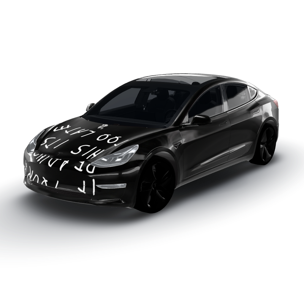 Hood: "IF YOU'RE READING THIS IT'S TOO — a Model 3 wearing this AI wrap design