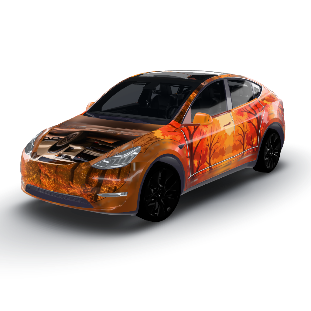 Vibrant autumn palette of fiery oranges — a Model Y wearing this AI wrap design