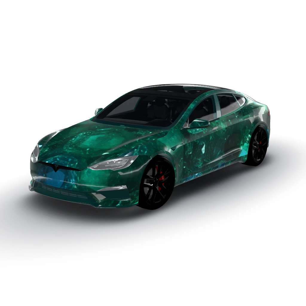 Emerald gemstone texture wrap — a Model S Plaid (2025+) wearing this AI wrap design
