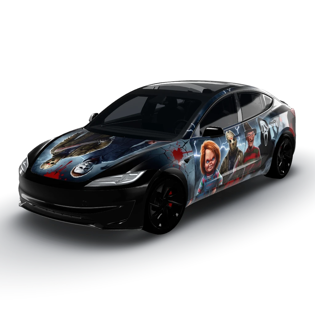 Horror movie inspired with iconic horror — a Model 3 (2024+) Performance wearing this AI wrap design