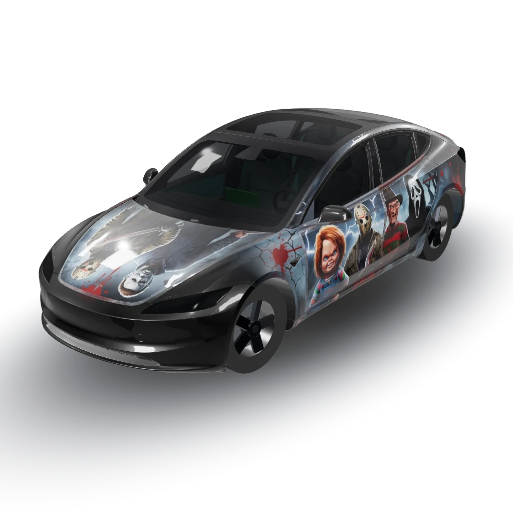 Horror movie inspired with iconic horror — a Model 3 (2024+ Performance) wearing this AI wrap design