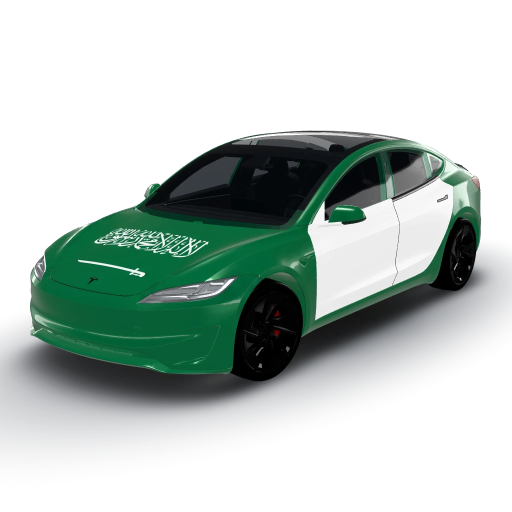 Saudi flag green base color — a Model 3 (2024+) Performance wearing this AI wrap design