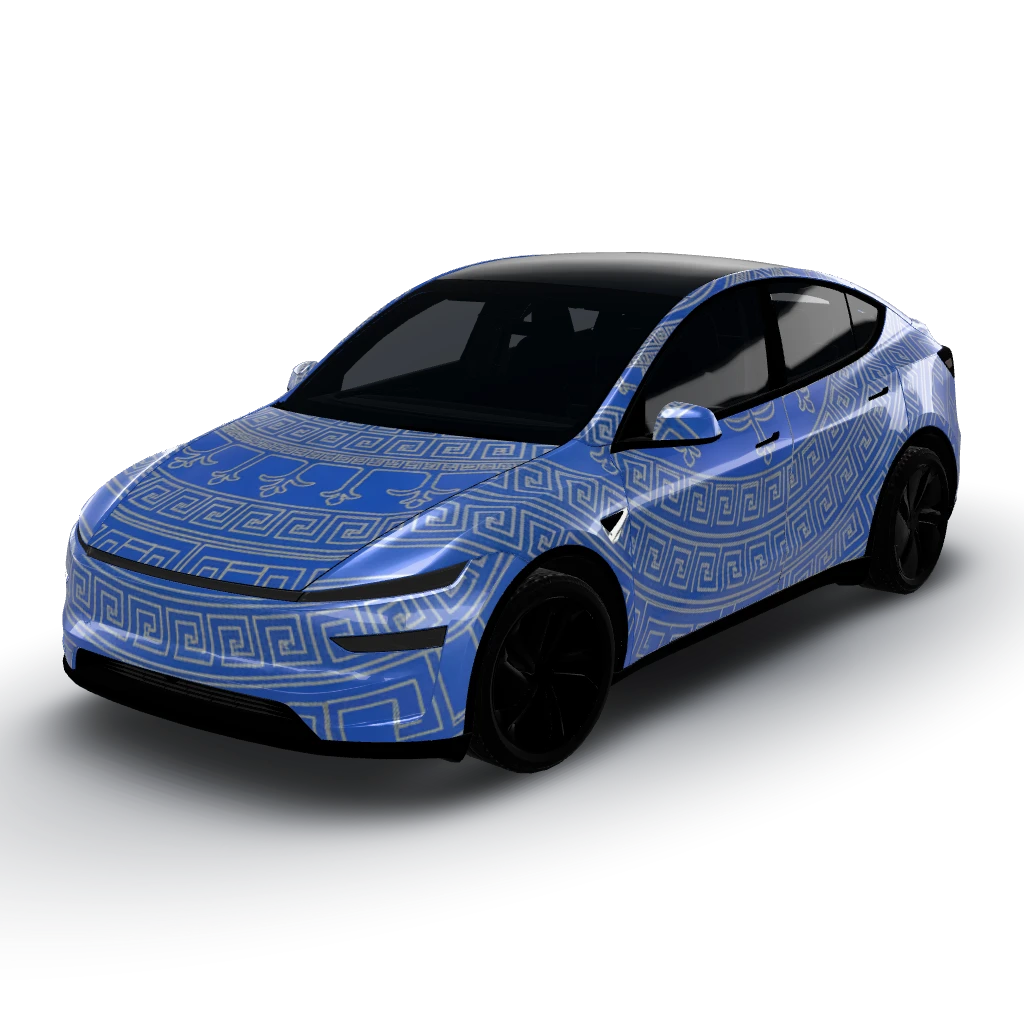 Matte finish with a transparent royal blue — a Model Y (2025+) Premium wearing this AI wrap design