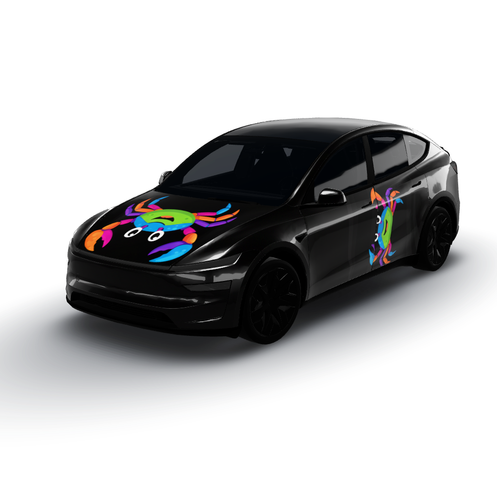 Sleek black matte background that envelops — a Model Y L wearing this AI wrap design