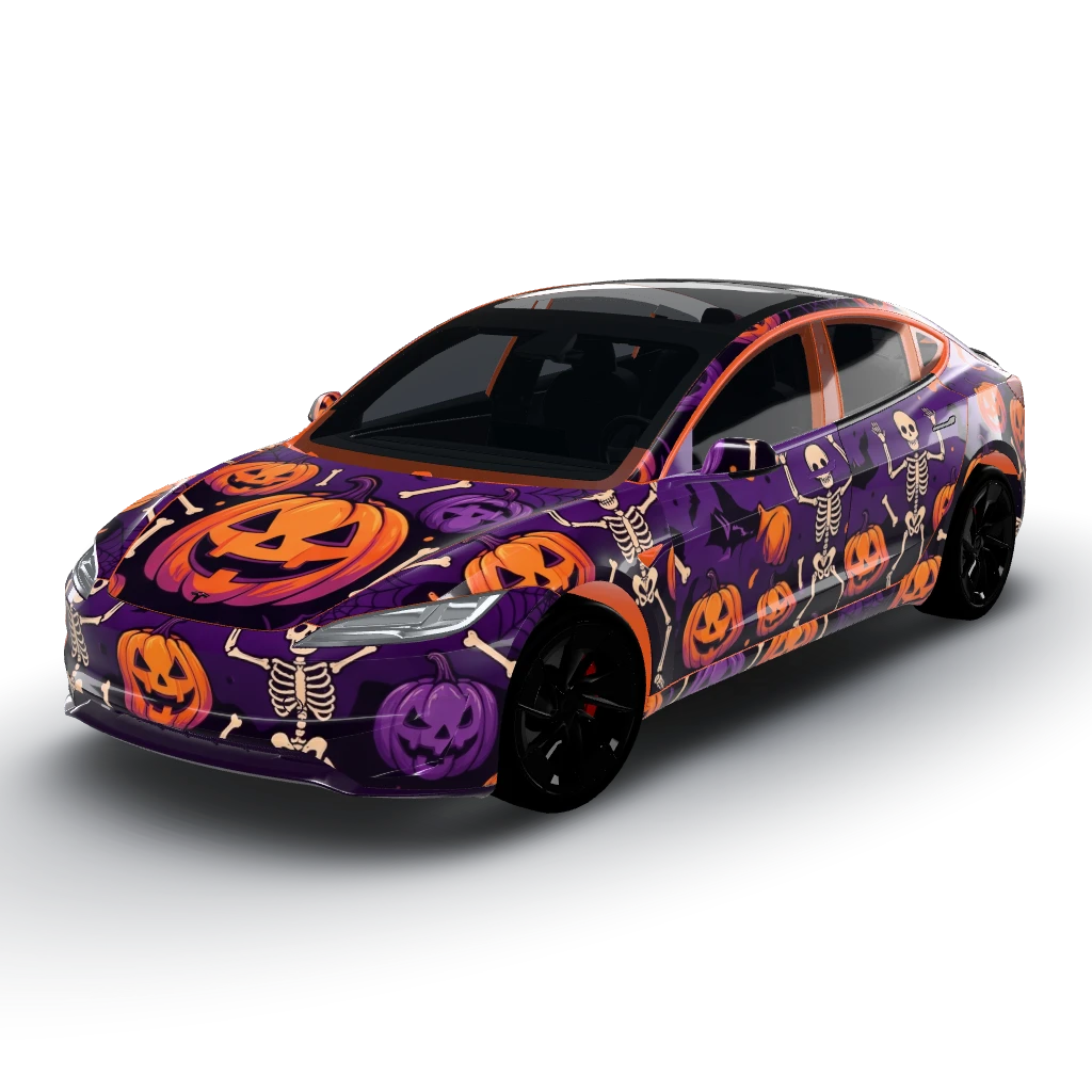 Halloween themed — a Model 3 (2024+) Performance wearing this AI wrap design