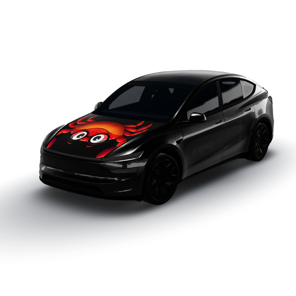 Striking black matte background — a Model Y L wearing this AI wrap design