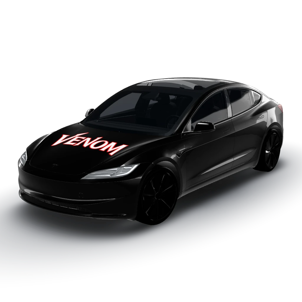 Black wrap with "Venom" text on the front — a Model 3 (2024+) Standard & Premium wearing this AI wrap design