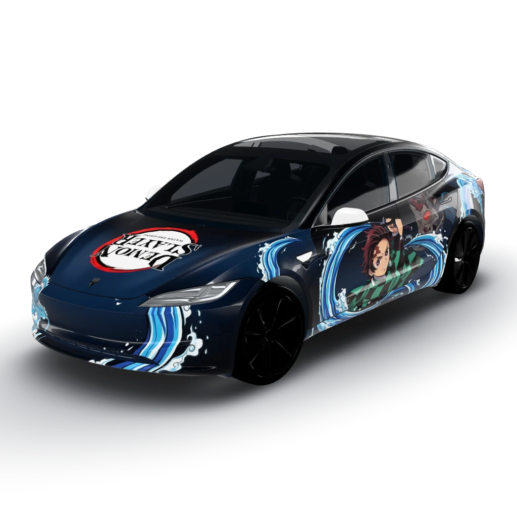 We'll feature a Demon Slayer theme — a Model 3 (2024+) Standard & Premium wearing this AI wrap design