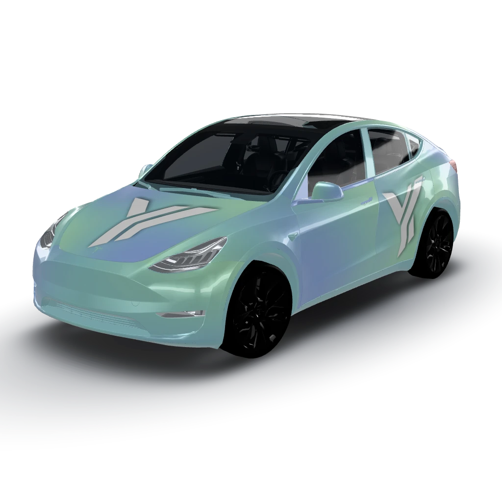 Vibrant design features a soft gradient — a Model Y wearing this AI wrap design