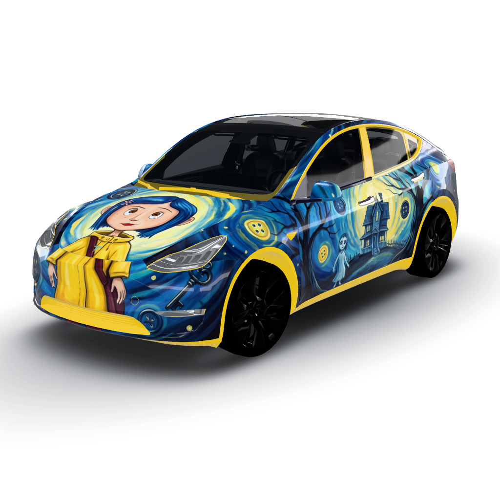 Artwork features a whimsical Coraline — a Model Y wearing this AI wrap design